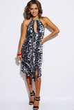 Animal print keyhole backless halter ruffle slit party dress